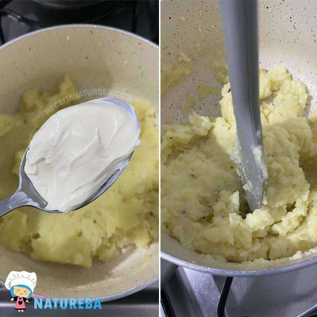 adicionando creme de leite ao purê