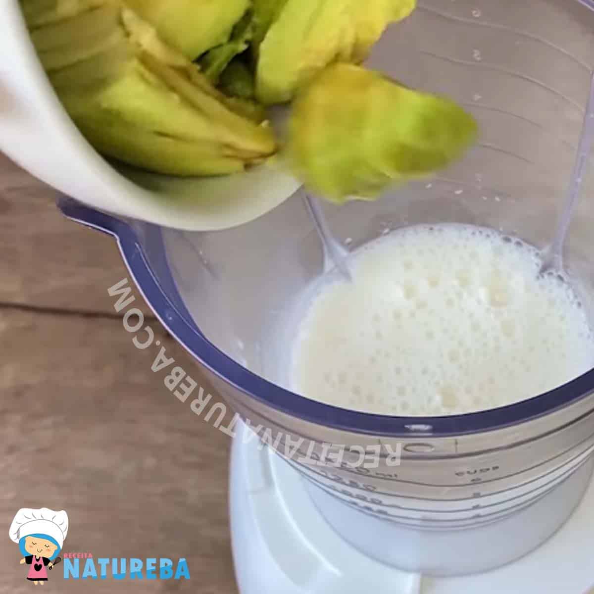 juntando o leite e o abacate no liquidificador para fazer a vitamina