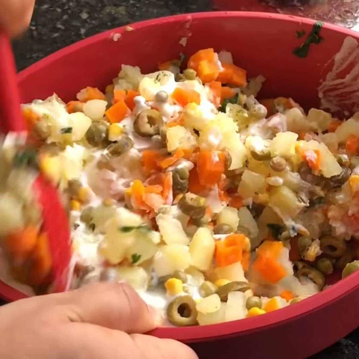 misturando a maionese a salada
