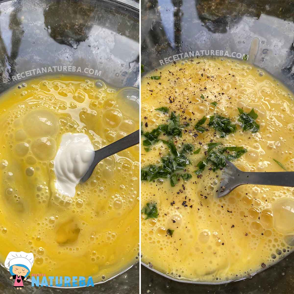 adicionando salsinha e creme de leite no omelete
