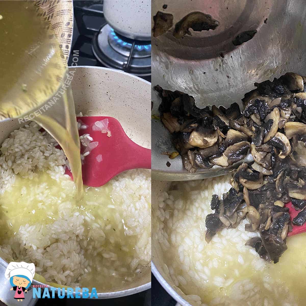 colocando o caldo de legumes e os cogumelos na panela com o arroz cozinhando