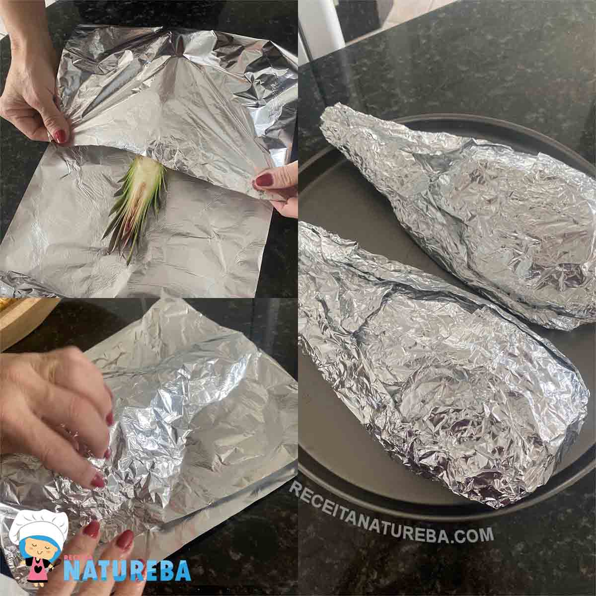 enrolando abacaxi no papel aluminio