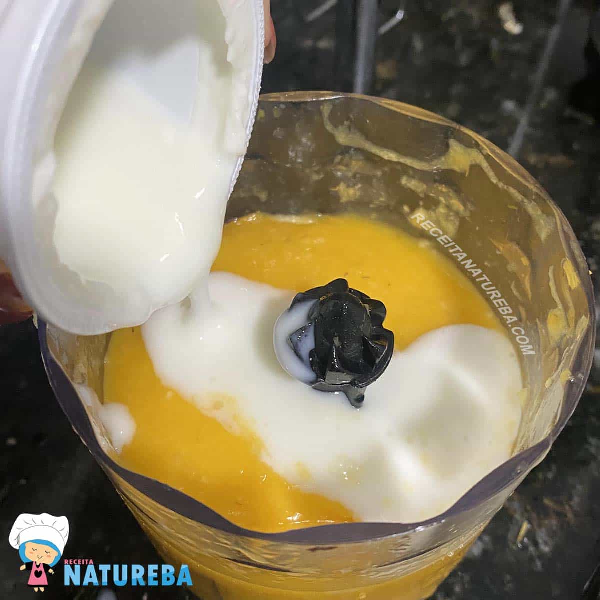 adicionando iogurte natural junto com a manga no processador
