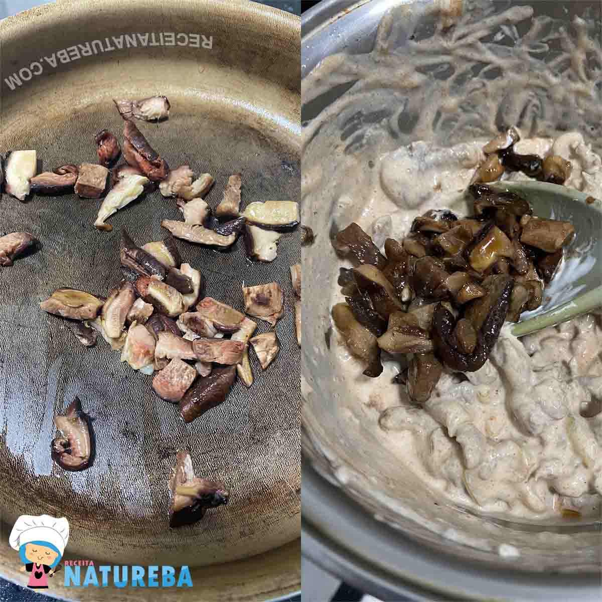 adicionando champignon no strogonoff de file mignon