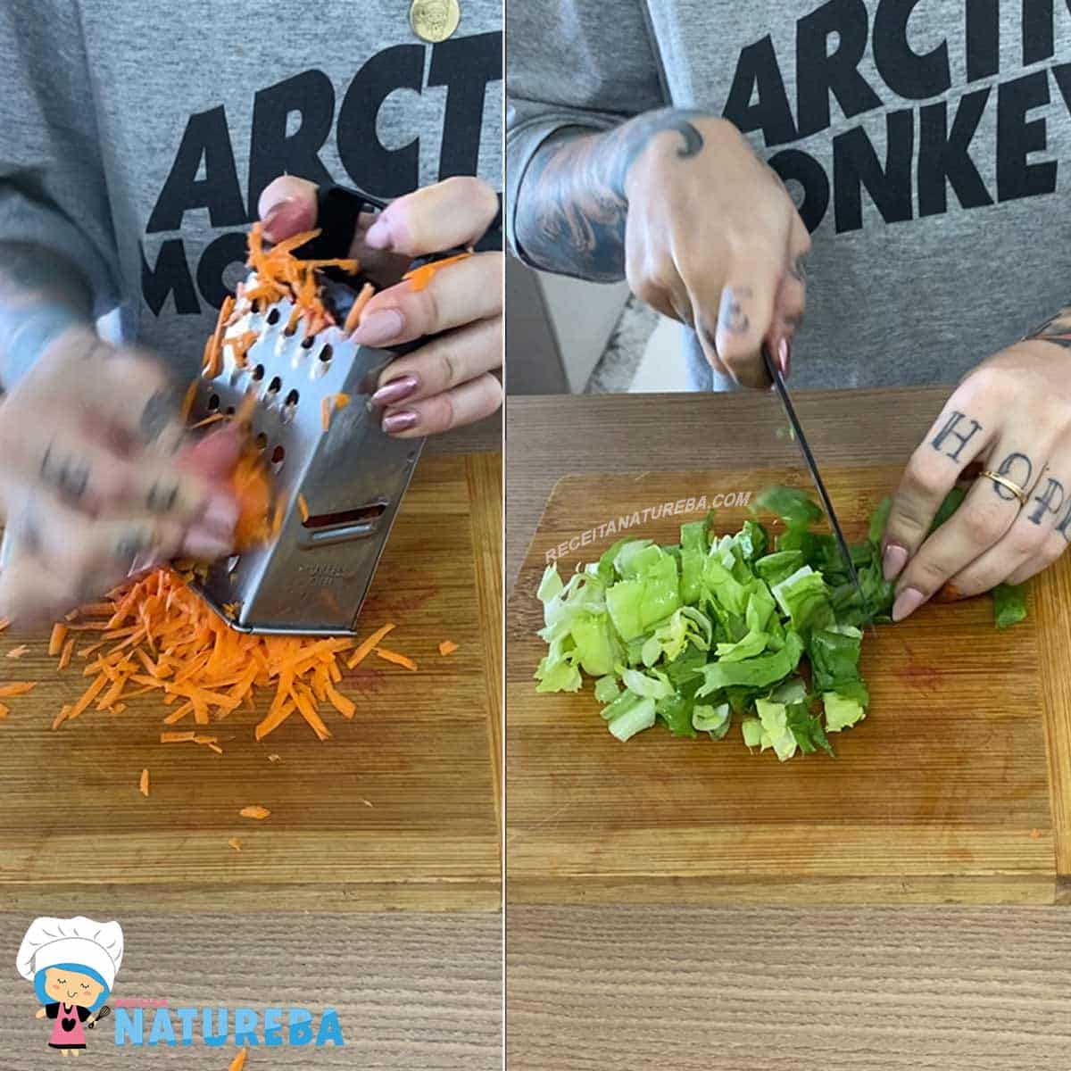 picando cenoura e alface para salada de beterraba crua