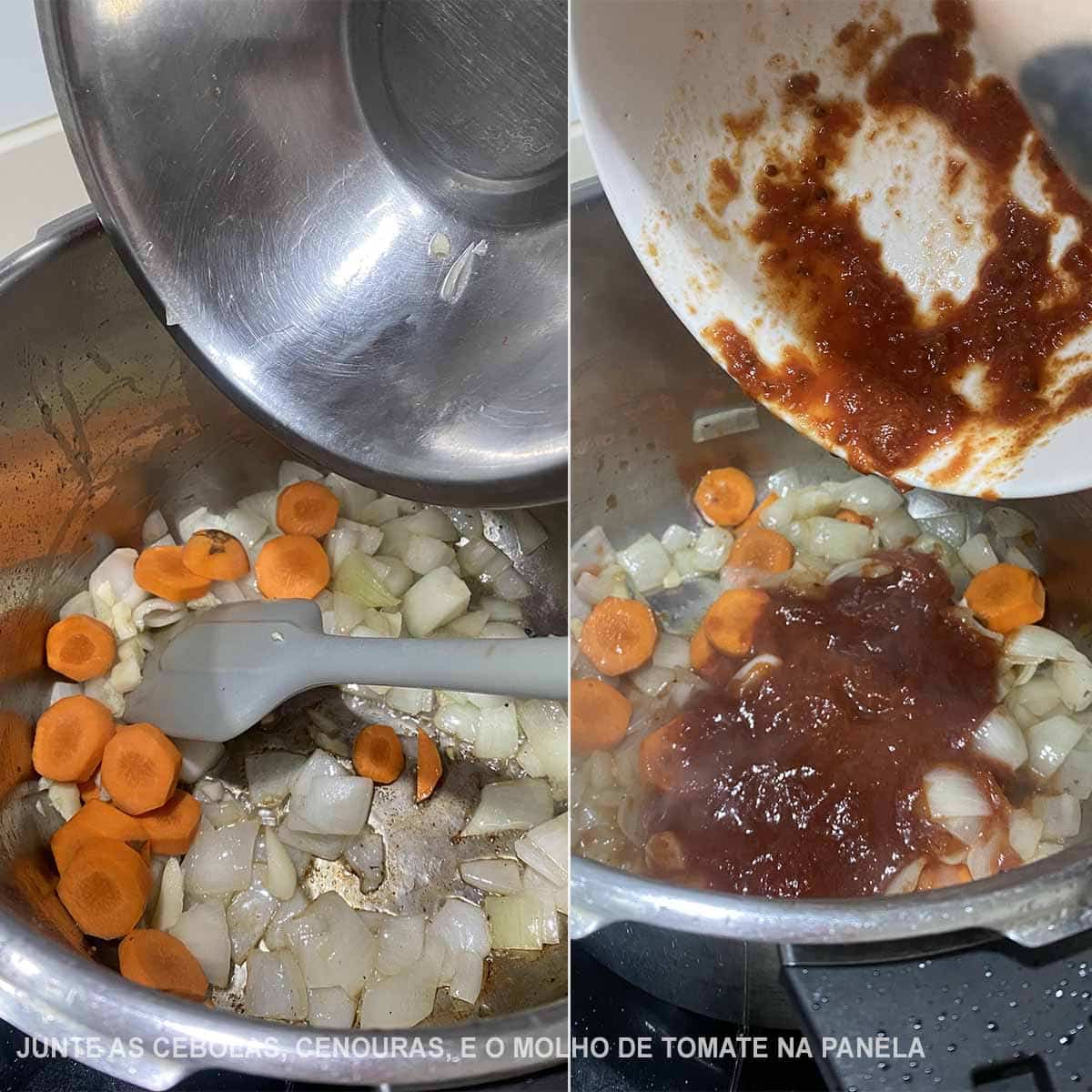 junte as cebolas, cenouras, e o molho de tomate na panela